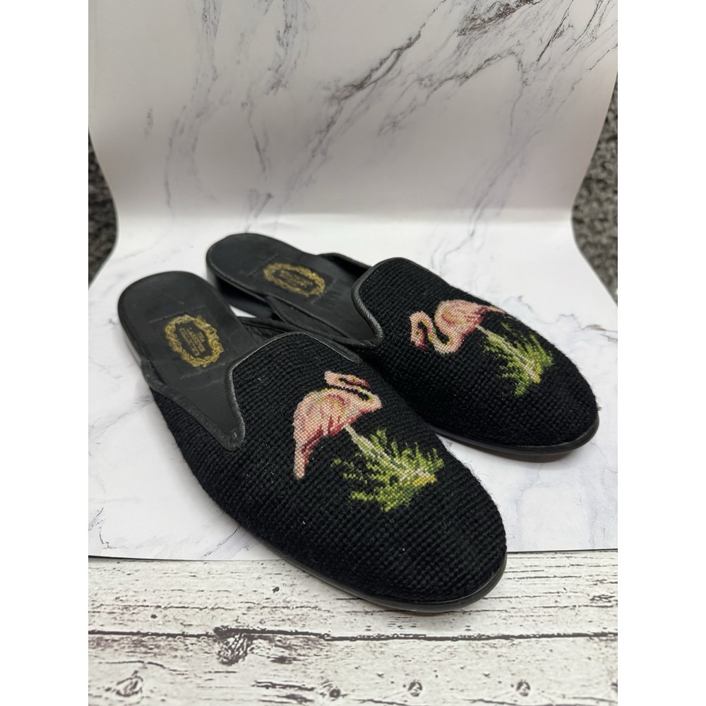 Larkspur Collection‎ Vintage Pink Flamingo in Black Mules Slide Shoes Flats L